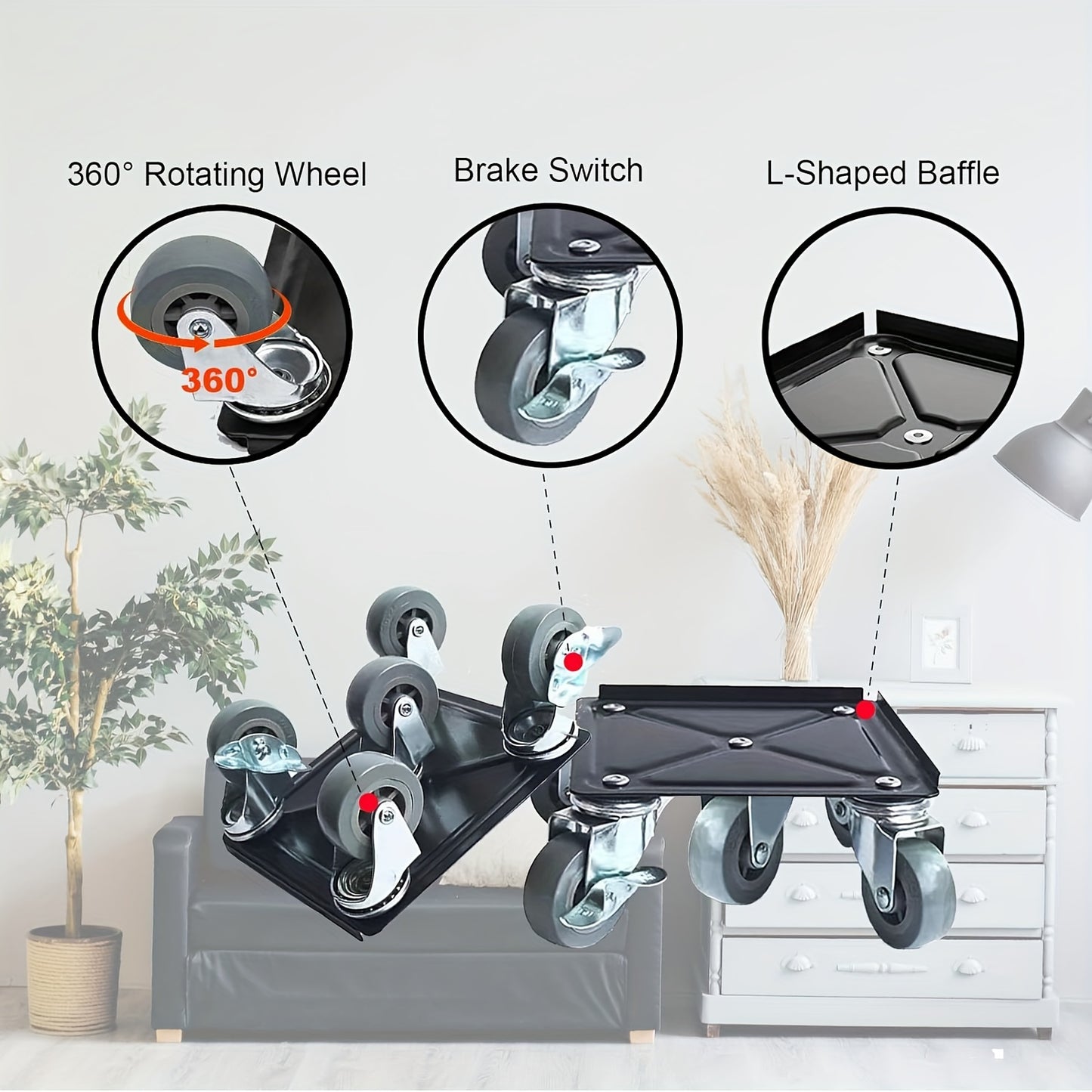 Ontdek onze handige wielverplaatsingsset: vijfwielig met rem, koevoet en pads. Perfect voor het verplaatsen van zware voorwerpen zoals bedden, banken, koelkasten, airconditioners en wasmachines.