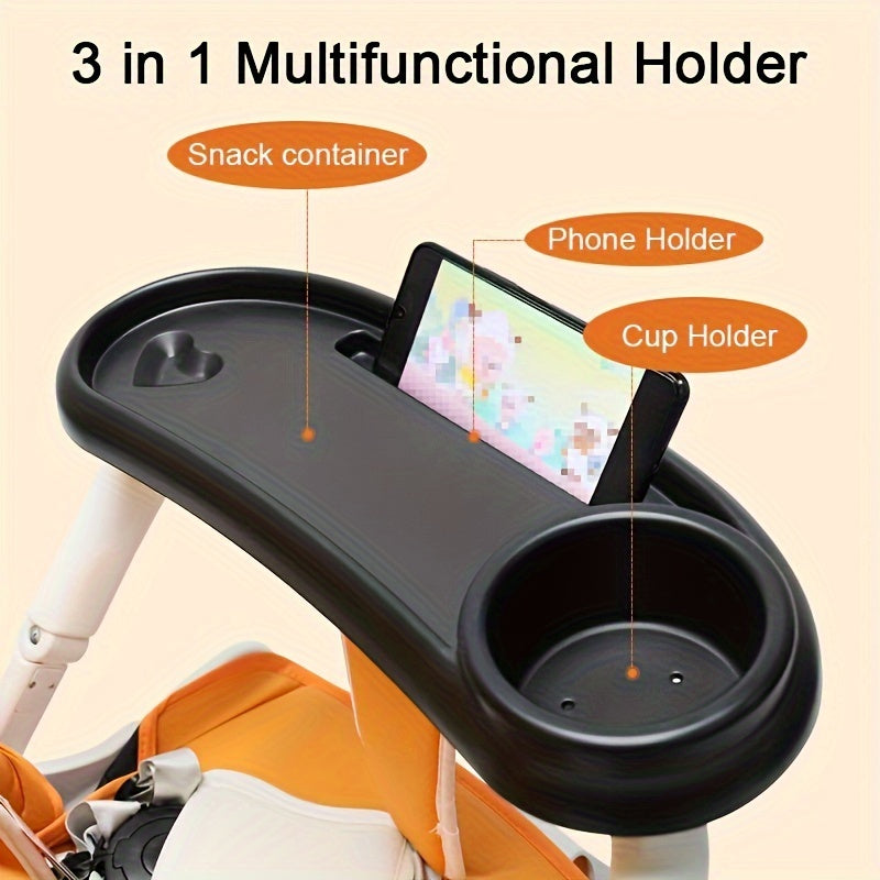 3-in-1 Kinderwagen Bekerhouder met Telefoon- en Snackbakje. Stevig vast te klemmen met antislipclip op de kinderwagenstang. Universeel ontwerp voor onderweg video's kijken.