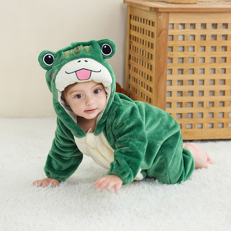 Kinderen herfst- en winterpyjama met cartoon-ontwerp, alles-in-één stijl en dierenmotieven.