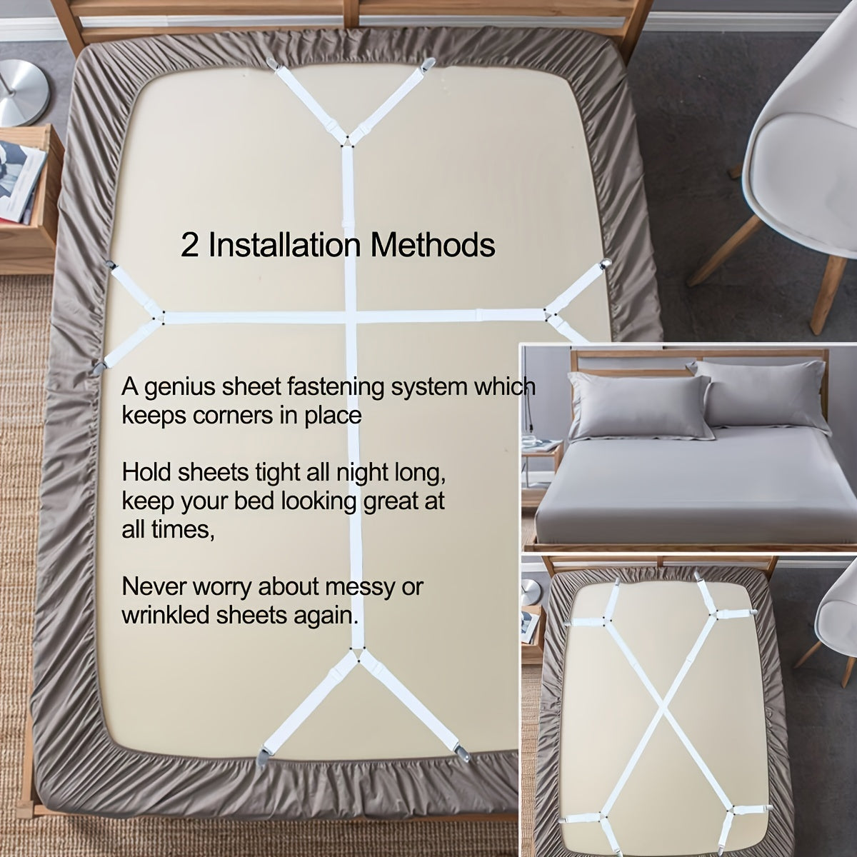 2 stuks Verstelbare Kruiselastische Lakenhouder Bandjes, Driehoekige Hoeslaken Clips met Elastische Bretels, Perfect voor het Vastzetten van Alle Soorten Lakens en Matrashoezen