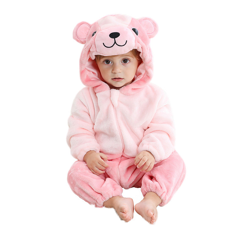 Kinderen herfst- en winterpyjama met cartoon-ontwerp, alles-in-één stijl en dierenmotieven.