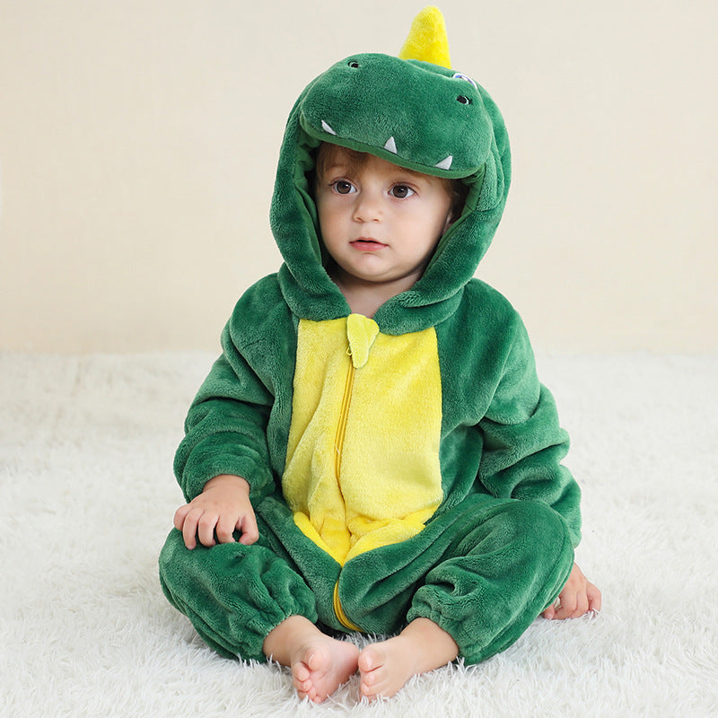 Kinderen herfst- en winterpyjama met cartoon-ontwerp, alles-in-één stijl en dierenmotieven.
