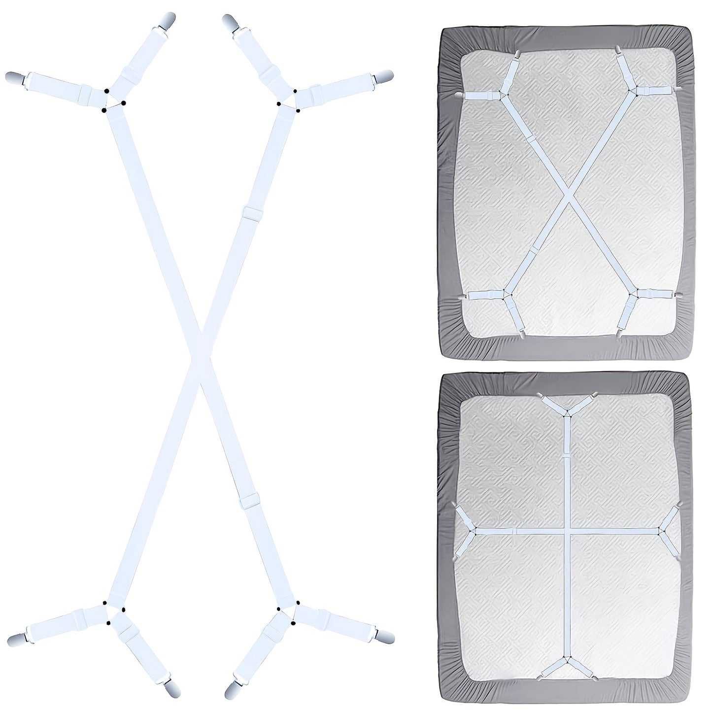 2 stuks Verstelbare Kruiselastische Lakenhouder Bandjes, Driehoekige Hoeslaken Clips met Elastische Bretels, Perfect voor het Vastzetten van Alle Soorten Lakens en Matrashoezen