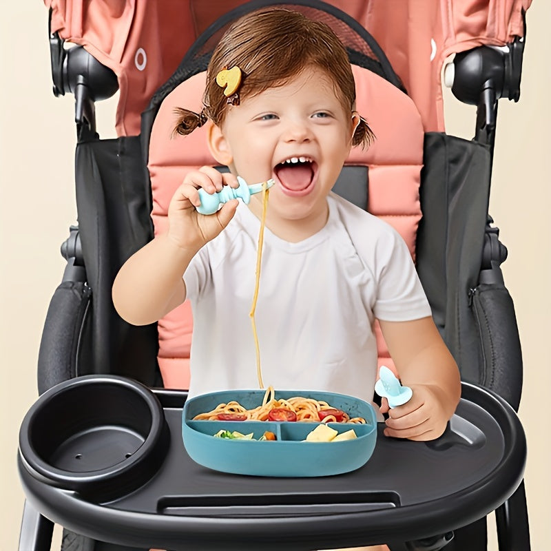 3-in-1 Kinderwagen Bekerhouder met Telefoon- en Snackbakje. Stevig vast te klemmen met antislipclip op de kinderwagenstang. Universeel ontwerp voor onderweg video's kijken.