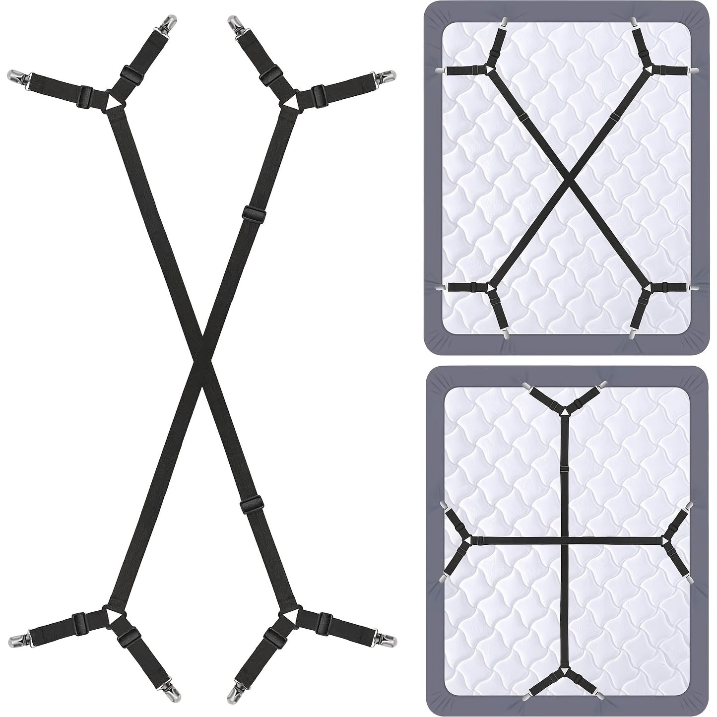 2 stuks Verstelbare Kruiselastische Lakenhouder Bandjes, Driehoekige Hoeslaken Clips met Elastische Bretels, Perfect voor het Vastzetten van Alle Soorten Lakens en Matrashoezen