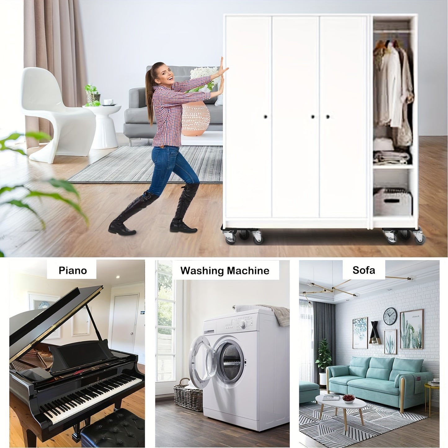 Ontdek onze handige wielverplaatsingsset: vijfwielig met rem, koevoet en pads. Perfect voor het verplaatsen van zware voorwerpen zoals bedden, banken, koelkasten, airconditioners en wasmachines.