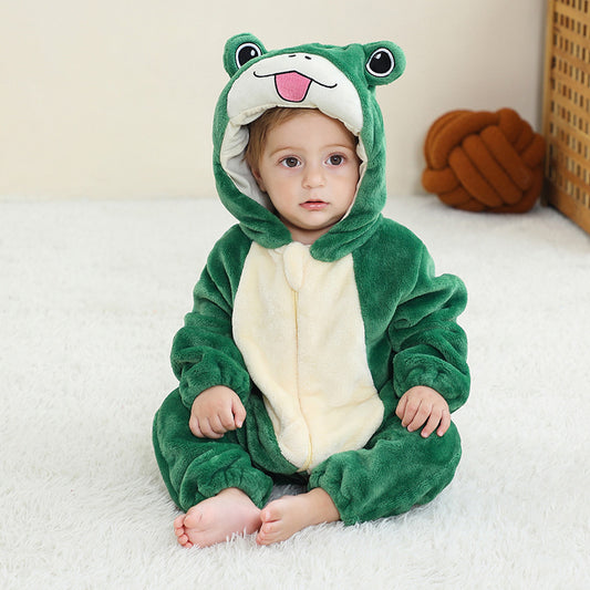 Kinderen herfst- en winterpyjama met cartoon-ontwerp, alles-in-één stijl en dierenmotieven.